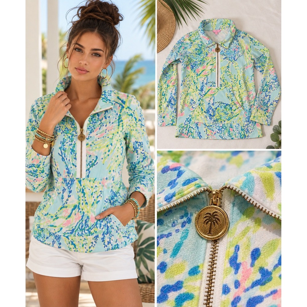 Lilly Pulitzer Skipper Popover Half Zip Sweatshirt Blue Heaven Green Coral L